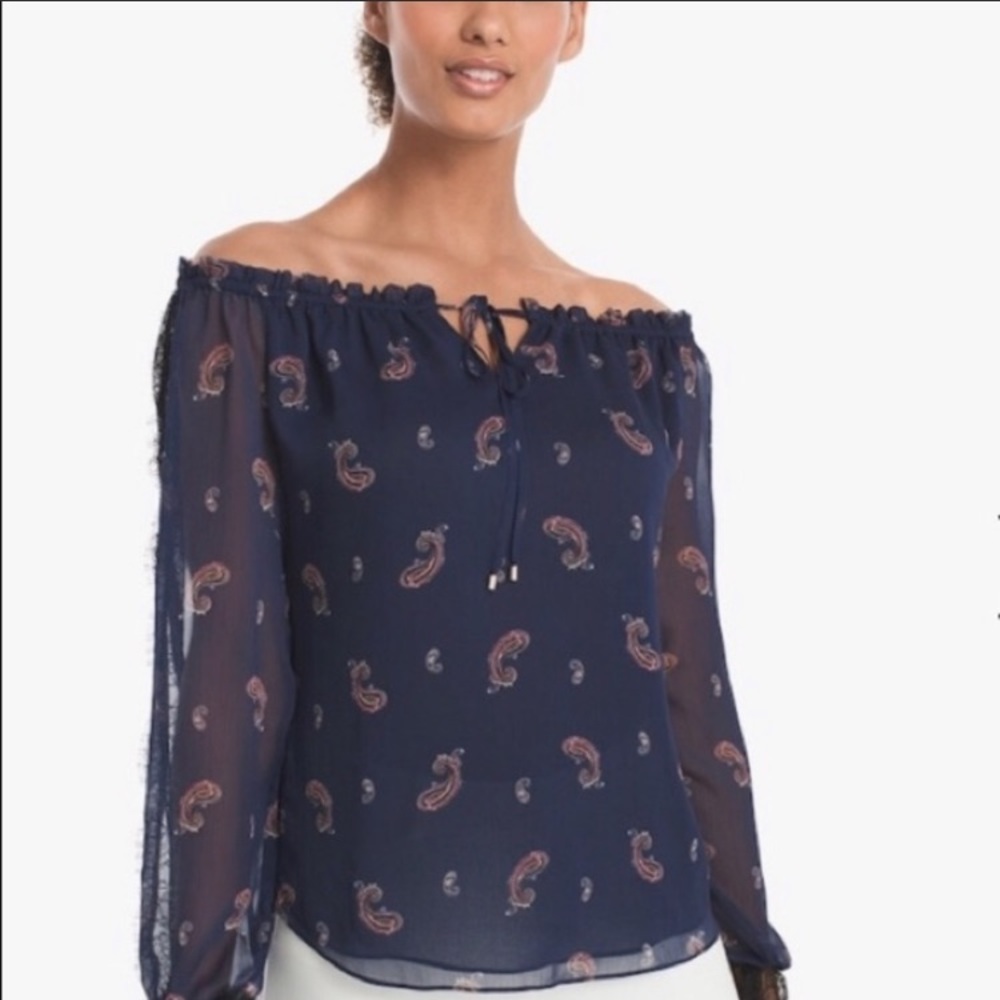 WHBM Paisley Off the Shoulder Blue Blouse